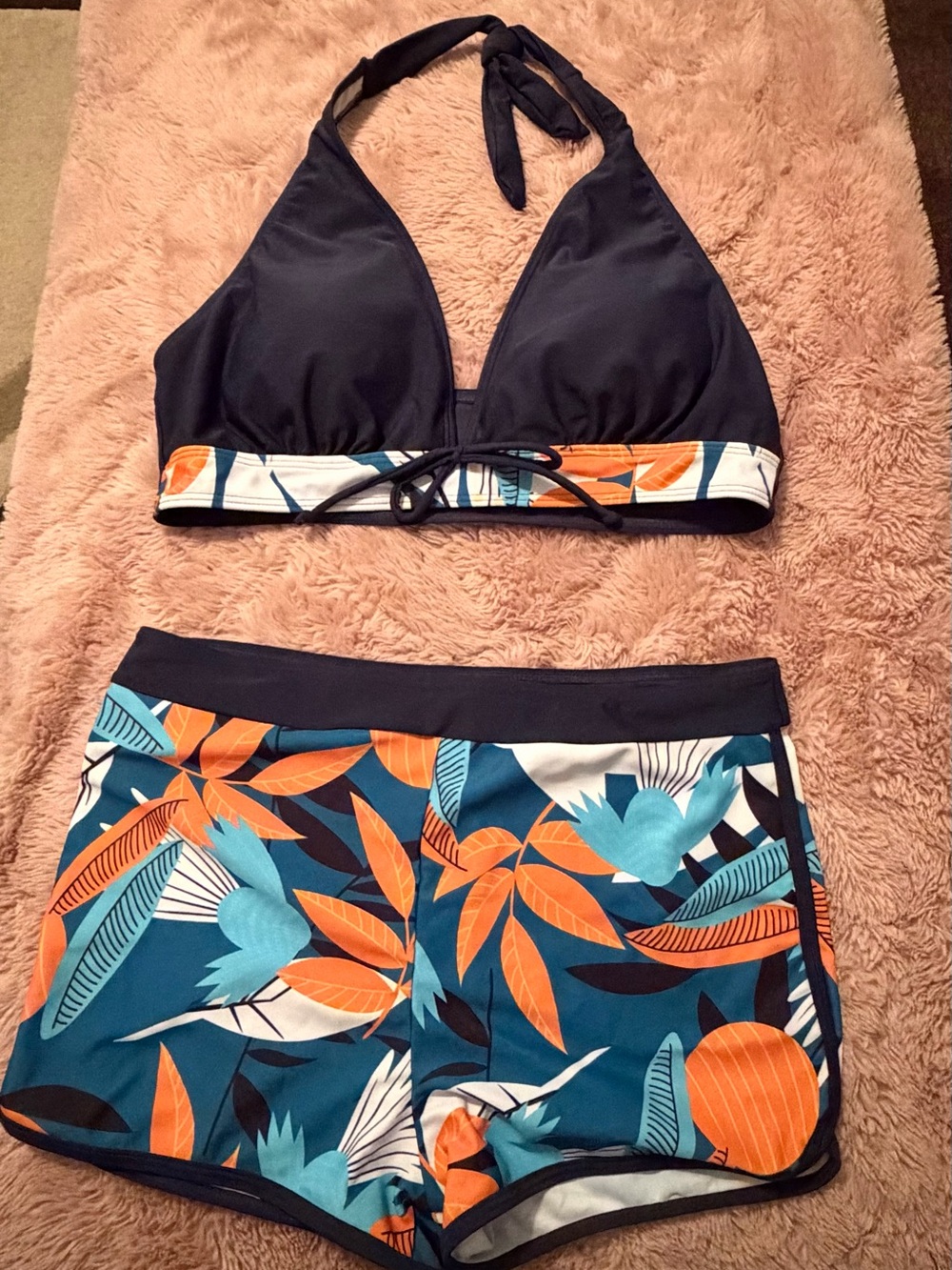 SHEIN Navy Halter Bikini Top with Teal & Orange Tropical Print Shorts